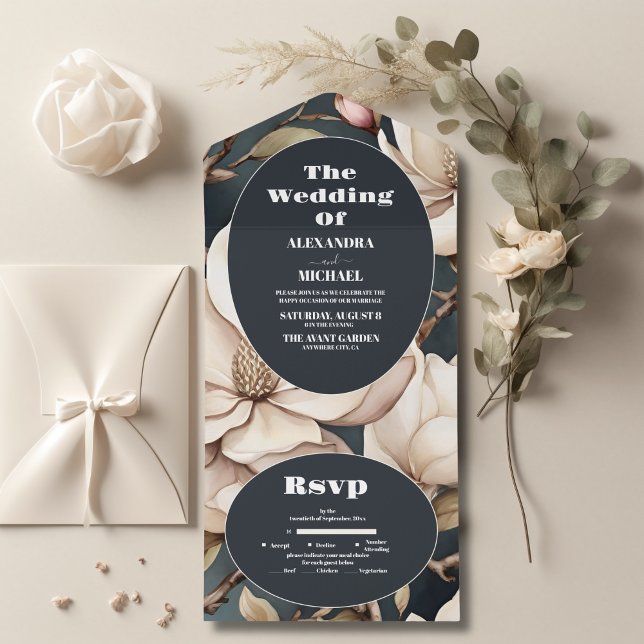 Elegant Rosa Magnolien und Grüne All In One Einladung (Von Creator hochgeladen)