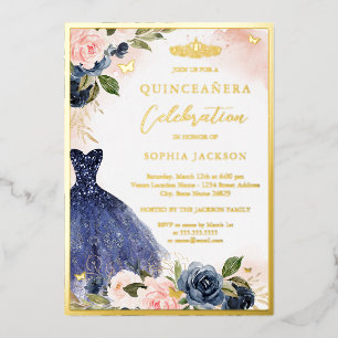 Elegant Rosa Navy Floral Tiara Kleid Quinceanera Folieneinladung