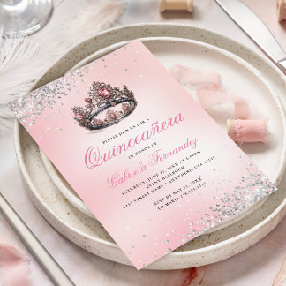 Elegant Rosa Prinzessin Crown Quinceanera Einladung