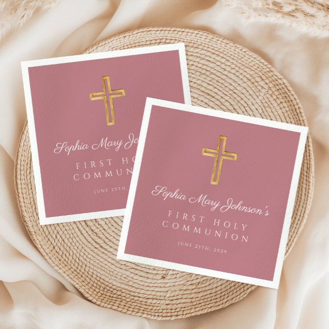 Elegant Rosa Religious Cross Girl First Communatio Serviette (Elegant Pink Religious Cross Girl First Communion Napkins)