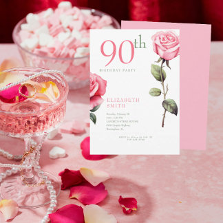 Elegant Rosa Rose 90. Geburtstagsparty Einladung
