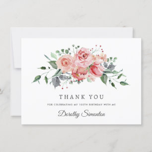 Elegant Rosa Rose Floral 100th Birthday Flat Dankeskarte