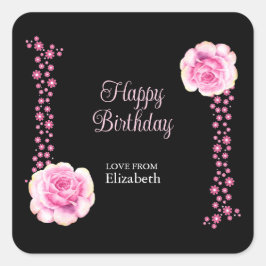 Elegant Rosa Rose Floral Black Happy Geburtstag Quadratischer Aufkleber