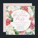 Elegant Rosa Rose | Gold Frame 30. Geburtstag Part Einladung<br><div class="desc">Elegante und klassische Rosa und Weiß Rosa Blüte mit schlängelgrüner Eukalyptusgrün "Birthday Party" Drehbuchentwurf mit geometrischem goldfarbenem Linienrahmen.</div>