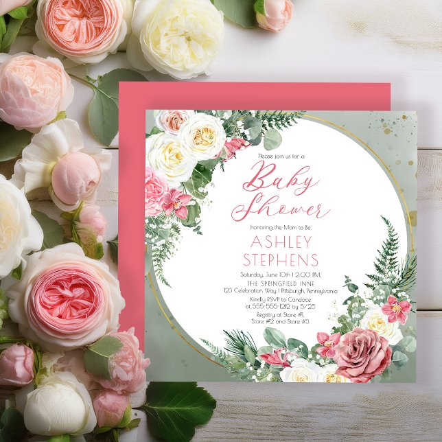 Elegant Rosa Rose | Gold Frame Girl Baby Dusche Einladung (Elegant Pink Rose and Gold Tone Frame Girl Baby Shower Invitation - Print | Digital Download)
