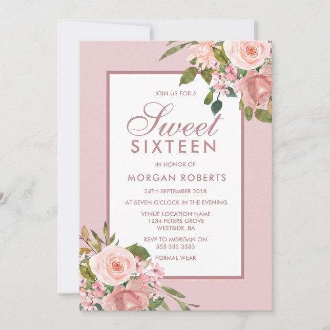Elegant Rosa Rose Gold Sweet 16 Einladung (Vorderseite)