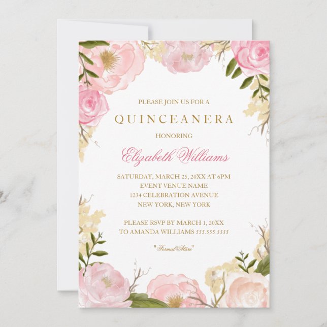 Elegant Rosa Rose Quinceanera Einladung (Vorderseite)