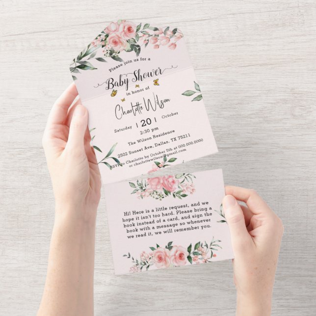 Elegant rosa Rosen mit Schmetterlinge Babydusche All In One Einladung (Abreißtisch)