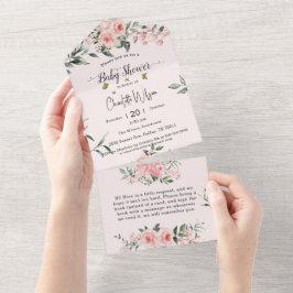 Elegant rosa Rosen mit Schmetterlinge Babydusche All In One Einladung