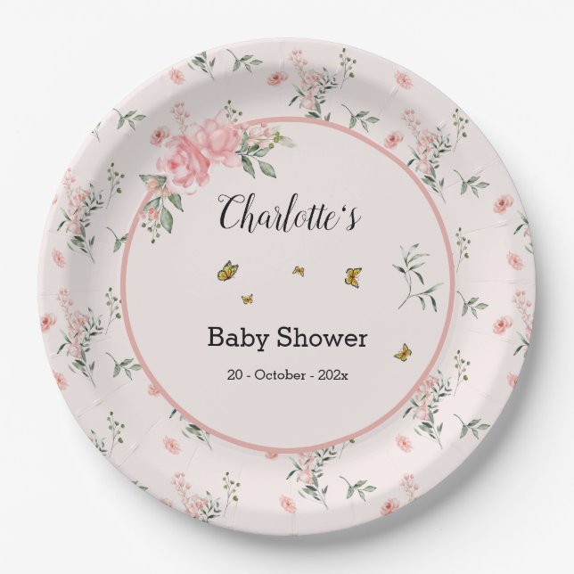 Elegant rosa Rosen mit Schmetterlinge Babydusche Pappteller (Vorderseite)