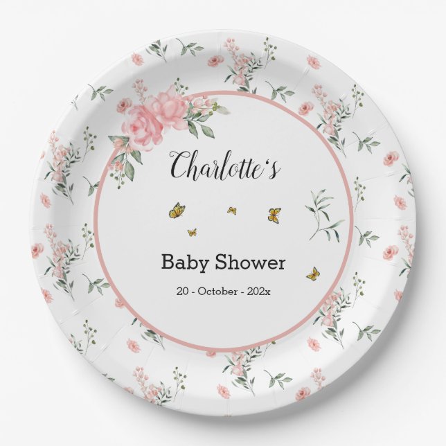 Elegant rosa Rosen mit Schmetterlinge Babydusche Pappteller (Vorderseite)