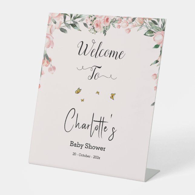 Elegant rosa Rosen mit Schmetterlinge Babydusche Sockelschild (Vorderseite)