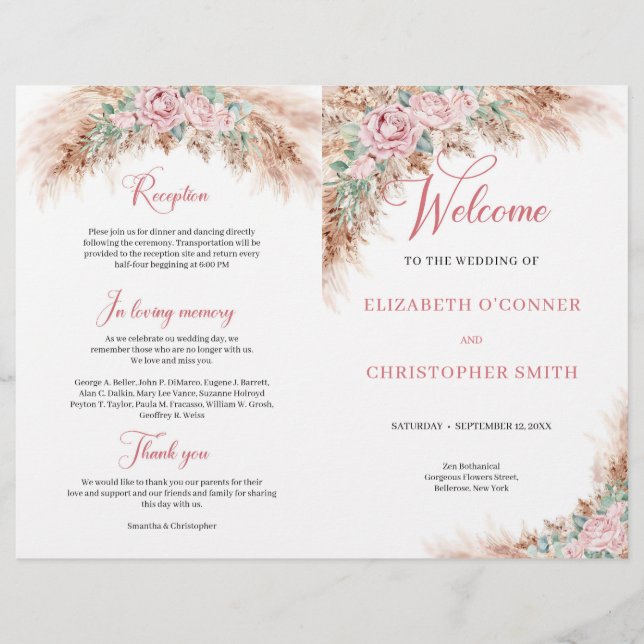 Elegant rosa Rosen Pampas Gras und Grün (Vorderseite)