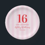 Elegant rosa Rot Moderne 16. Geburtstag Pappteller<br><div class="desc">Erstellen Sie Ihre eigenen personalisierten Teller für die 16. Geburtstagsparty mit moderner Typografie und gestreiftem rosa Muster.</div>