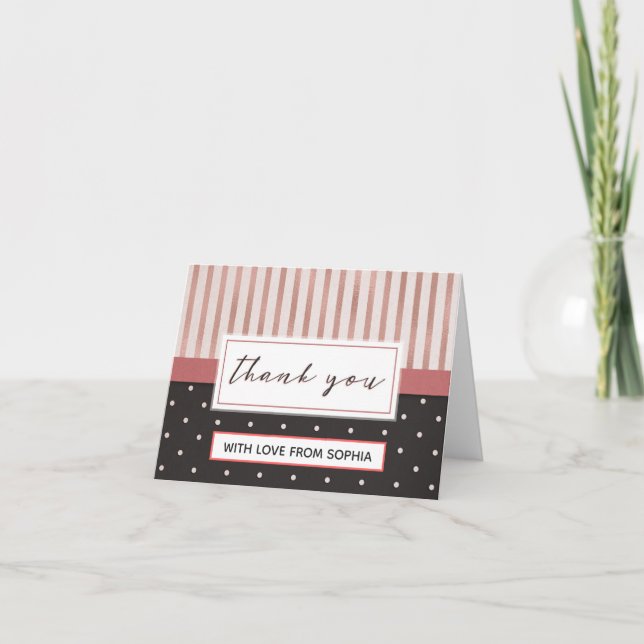 Elegant rosa schwarze Streifen Polka Punkte Vielen Dankeskarte (Vorderseite)