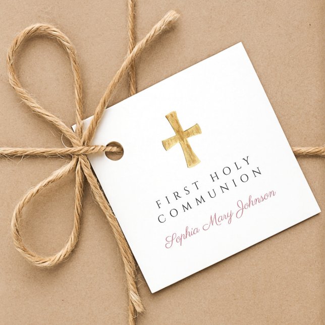 Elegant Rosa Script Cross First Communation Geschenkanhänger (Elegant Pink Script Cross First Communion Favor Tags)