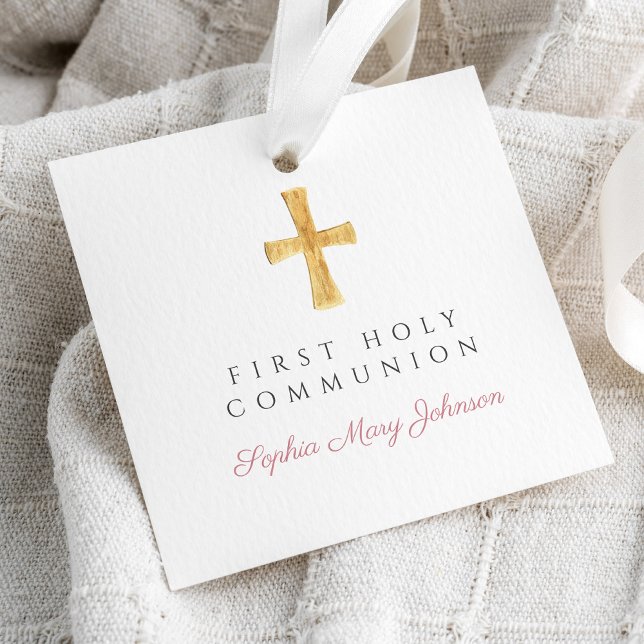 Elegant Rosa Script Cross First Communation Geschenkanhänger (Elegant Pink Script Cross First Communion Favor Tags)