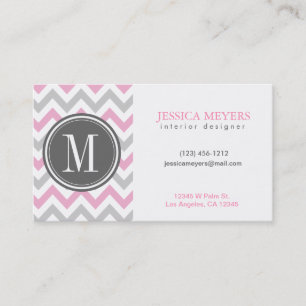 Elegant rosa und grau Zickzack mit Monogramm Visitenkarte