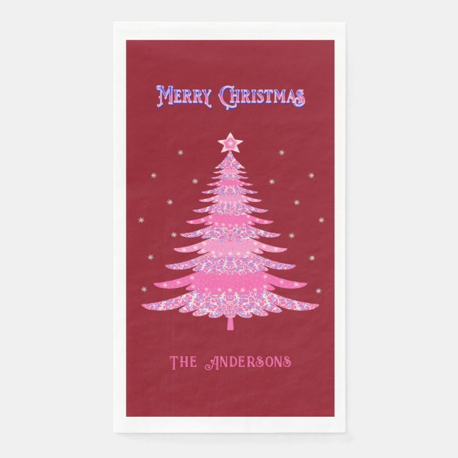 Elegant Rosa Weihnachtsbaum Name Custom Red Serviette (Vorderseite)