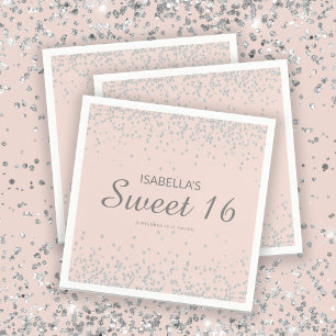 Elegant rosafarbenes Silber-Glitter Sweet 16 Name Serviette