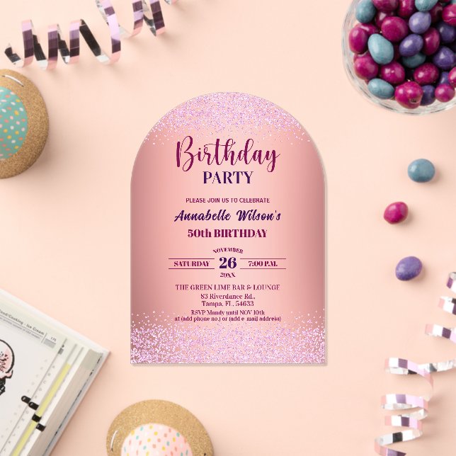 Elegant Rose Glitter Metallic Pink 50th Birthday  Acryleinladungen (Insitu (Feier))