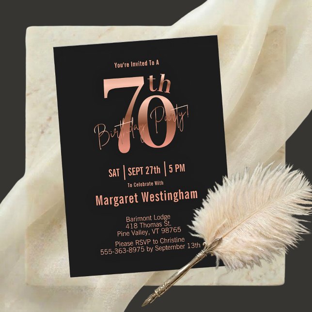 Elegant Rose Gold Black Typography 70th Birthday I Einladung (Von Creator hochgeladen)