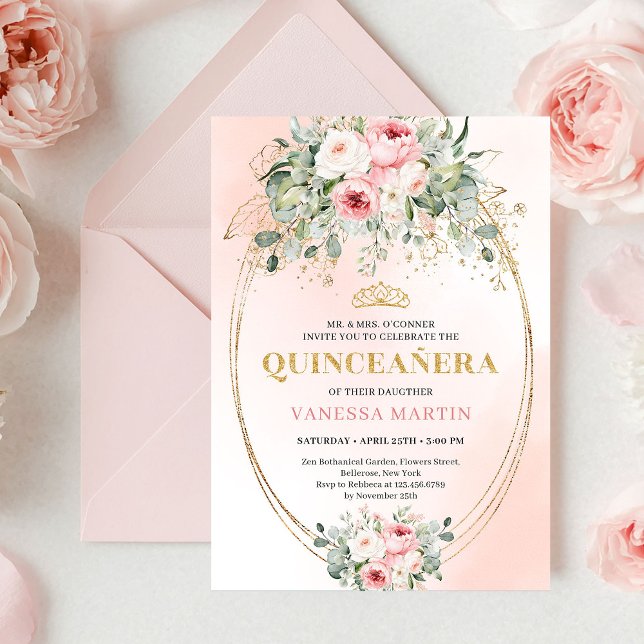 Elegant Rose Gold Blush Boho Quinceañera Invitatio Einladung (Elegant Rose Gold Blush Boho Quinceañera Invitation)