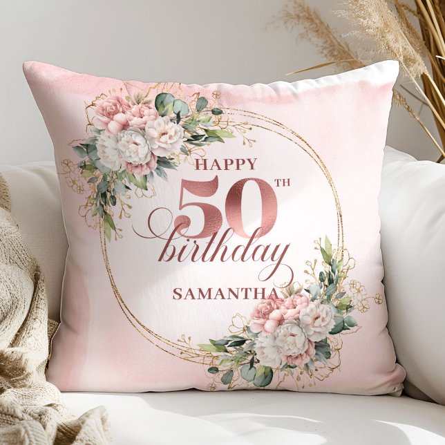 Elegant Rose Gold Blush Floral 50th Birthday Gift Kissen (Elegant Rose Gold Blush Floral 50th Birthday Pillow Gift

)