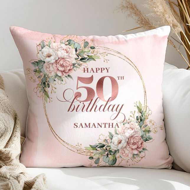 Elegant Rose Gold Blush Floral 50th Birthday   Kissen (Elegant Rose Gold Blush Floral 50th Birthday Pillow Gift

)