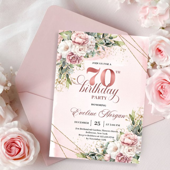 Elegant Rose Gold Bohemian Floral 70th Birthday   Einladung (Elegant Rose Gold Bohemian Floral 70th Birthday Invitation)