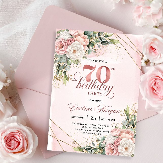 Elegant Rose Gold Dusty Pink Floral 70th Birthday  Einladung (Rose gold floral 70th birthday,
editable custom digital invitation,
budget delicate birthday invite )
