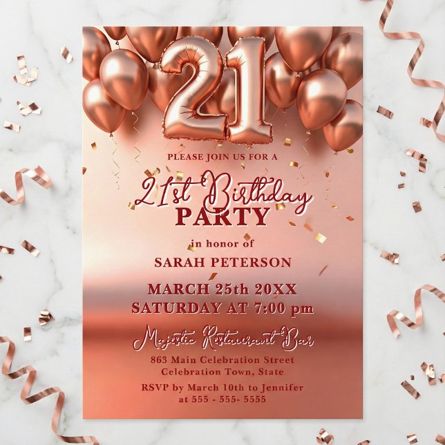 Elegant Rose Gold Faux Foil Balloons 21st Birthday Einladung (Von Creator hochgeladen)
