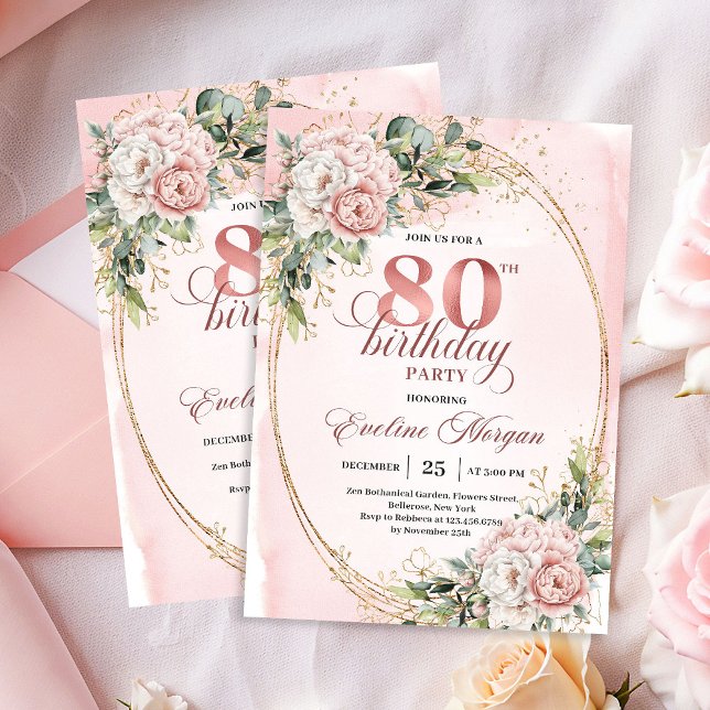Elegant Rose Gold Floral Eucalyptus 80th Birthday  Einladung (Elegant Rose Gold Floral Eucalyptus 80th Birthday Invite)