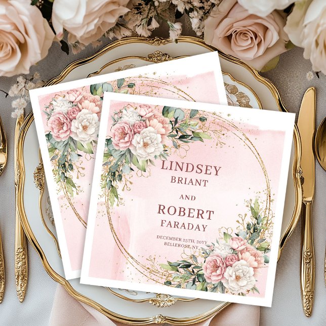 Elegant Rose Gold Floral Wedding Paper Napkins Serviette (Elegant Rose Gold Floral Wedding Paper Napkins)