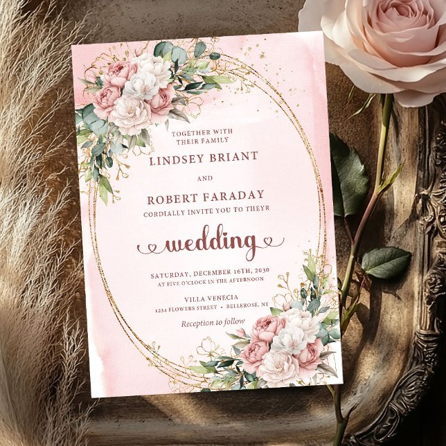 Elegant Rose Gold Greenery Blush Wedding Invites Einladung (Elegant Rose Gold Greenery Blush Wedding Invitation)