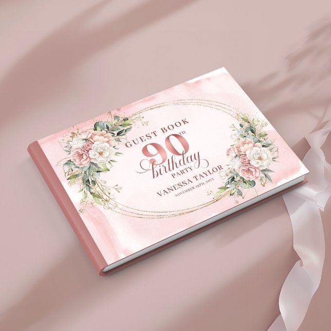 Elegant Rose Gold Greenery Floral 90th Birthday  Gästebuch (Elegant Rose Gold Eucalyptus 90th Birthday Guest Book)