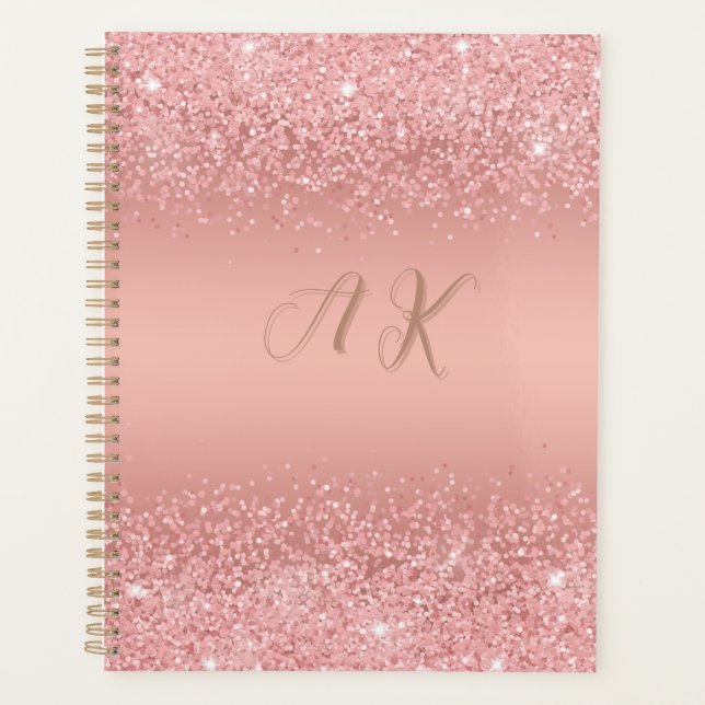 Elegant Rose Gold Luxe Shimmer Monogram Planer (Vorderseite)