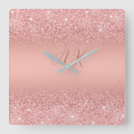 Elegant Rose Gold Luxe Shimmer Monogram Quadratische Wanduhr