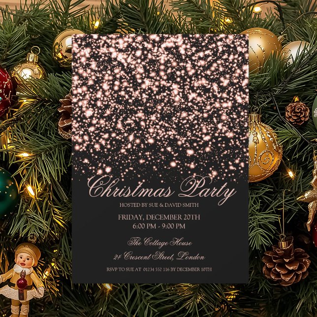 Elegant Rose Gold Midnight Glam Christmas Party  Einladung (Elegant Rose Gold Midnight Glam Christmas Party Invitation)