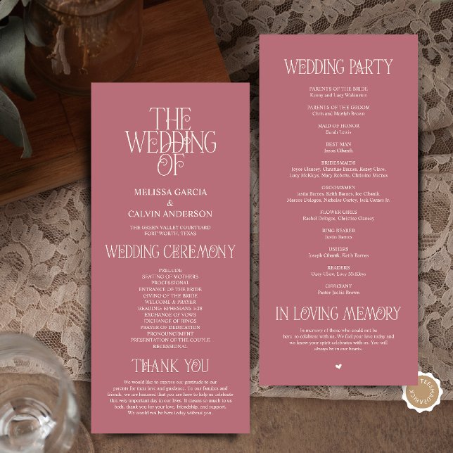 Elegant Rose Gold Typography Wedding Program Programm (Elegant Rose Gold Typography Modern Romantic Wedding Program Card)