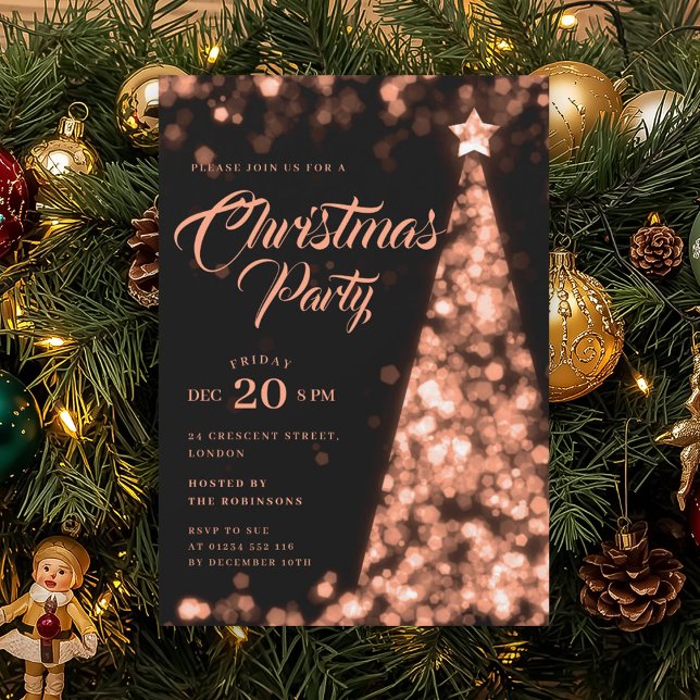 Elegant Rose Gold Winter Christmas Tree Holiday  Einladung (Elegant Rose Gold Winter Christmas Tree Holiday Invitation)