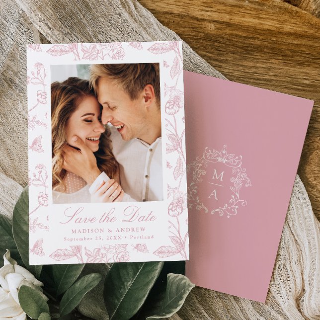 Elegant Rose Pink Chinoiserie Floral Photo Wedding Save The Date (Von Creator hochgeladen)