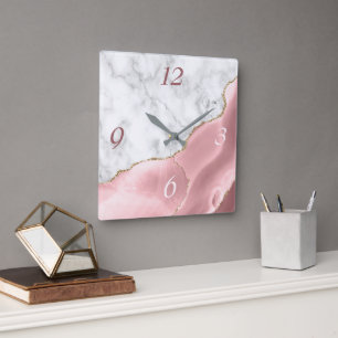 Elegant roséfarbene Achat-Gold-Glitter-Marmor Quadratische Wanduhr