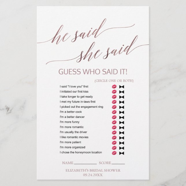 Elegant RoseGold Calligraphy Er sagte, sie sagte S (Vorderseite)