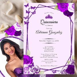 Elegant Roses and Crown Purple Quinceanera Einladung