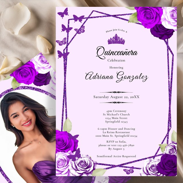 Elegant Roses and Crown Purple Quinceanera  Einladung (Von Creator hochgeladen)