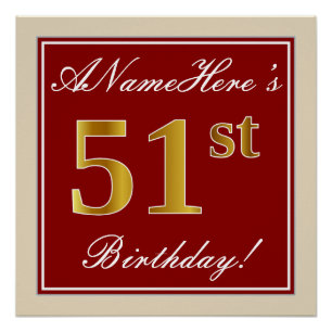 Elegant, Rot, Falsches Gold 51. Geburtstag; Benutz Poster
