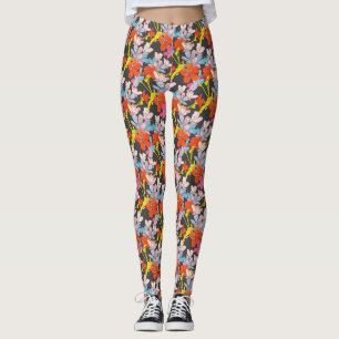 Elegant Rot Gelb Blau Rosa Blume Schwarz Leggings