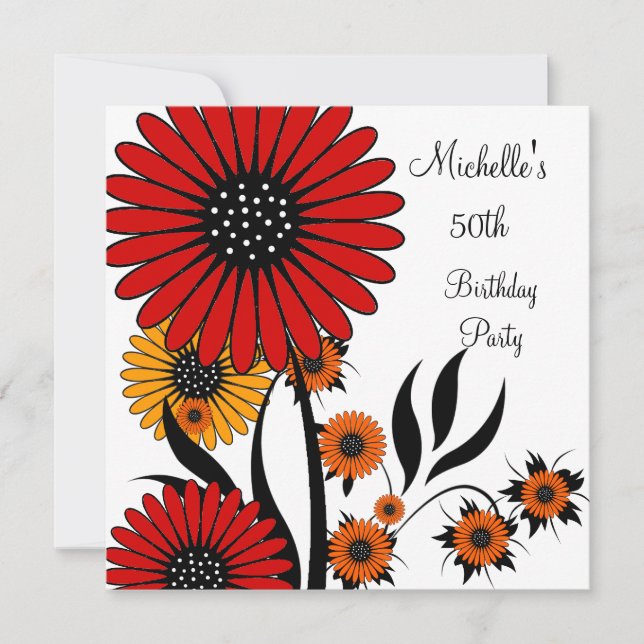 Elegant Rot Gelb Blütenweiß 50. Geburtstag Einladung (Vorderseite)