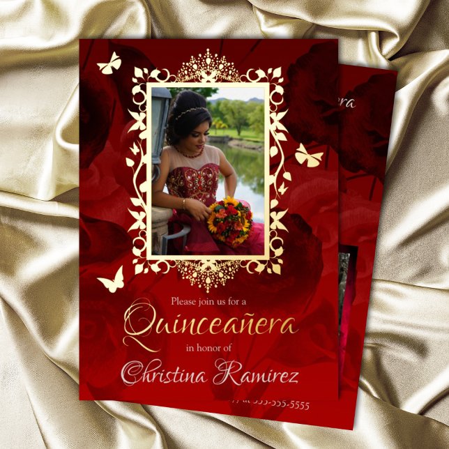 Elegant Rot, Gold Butterflies Quinceanera Folieneinladung (Elegant red and gold quinceanera invitations, gold foil butterfly fancy photo frame)
